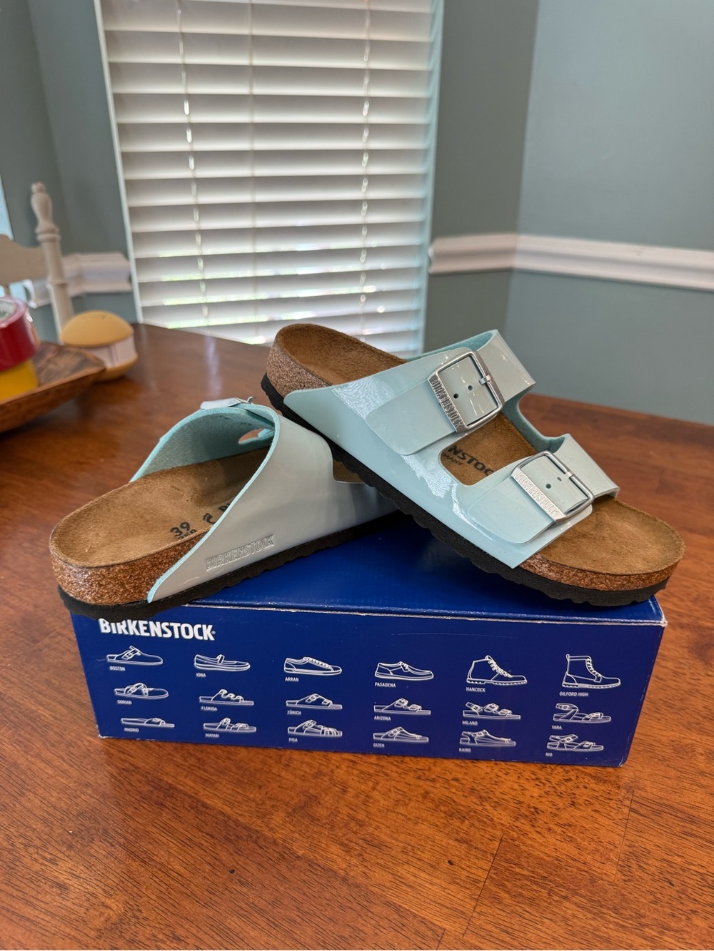 Birkenstock Arizona Patent Icy Mint Slide Sandals Women 39 L8 Narrow Fit